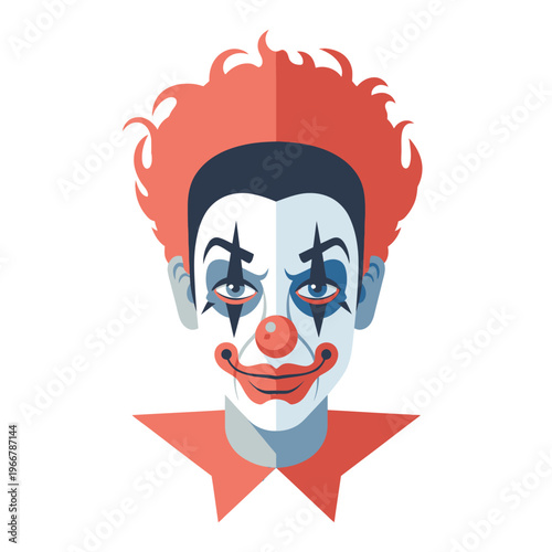 Creepy Clown Face with Red Hair and Makeup, Halloween Character, Vector Art