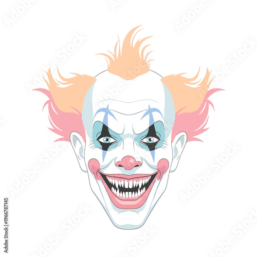 Creepy Clown Face Portrait, Halloween Scary Makeup, Evil Grin, White Background