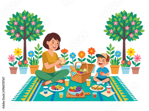Mother and child enjoying a happy outdoor picnic with food, surrounded by blooming trees and colorful flowers. Illustration.