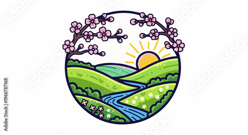 A scenic landscape with rolling hills, a river, blooming flowers, and a sunrise