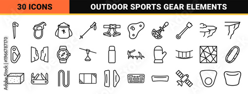 Mountain Climbing and Bouldering Equipment Symbols in Minimalist Monoline Aesthetic for Professional Outdoor Sports App Interface