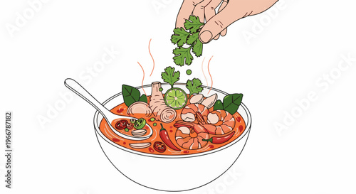 A hand garnishes a steaming bowl of spicy shrimp soup with fresh herbs