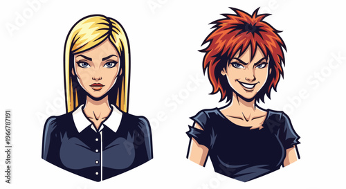 Two stylized women, one blonde, one with red hair, gaze forward with distinct expressions