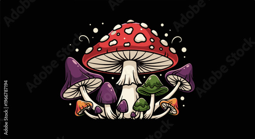 Whimsical cluster of vibrant, stylized mushrooms against a dark background