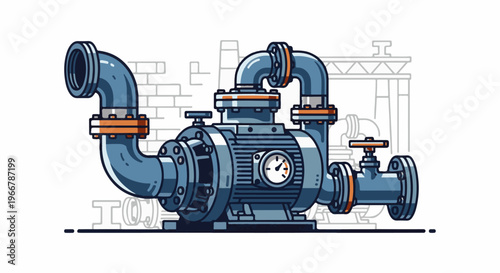 Detailed pixel art of a blue industrial pump with pipes and gauges