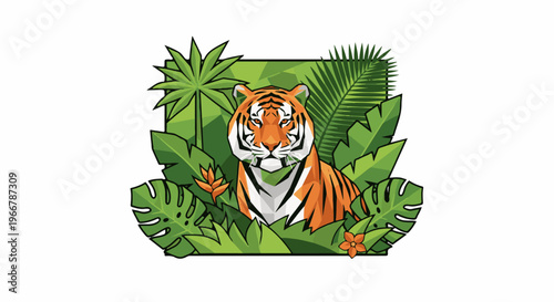 A fierce tiger emerges from lush green foliage and tropical plants