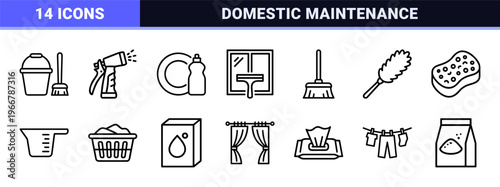Minimalist Monoline Cleaning and Laundry Service Icons featuring Geometric Line Art for Commercial Maintenance and Housekeeping Utility.