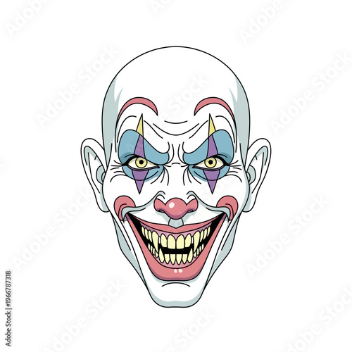 Scary Clown Face with Fangs and Evil Grin, Horror Character Illustration
