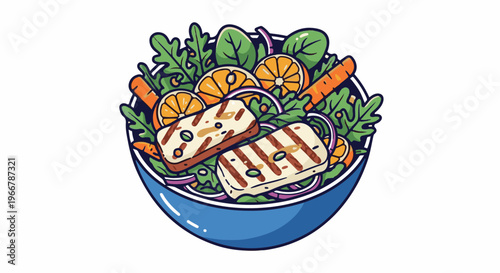 Hearty salad in blue bowl with grilled cheese, oranges, carrots, and greens