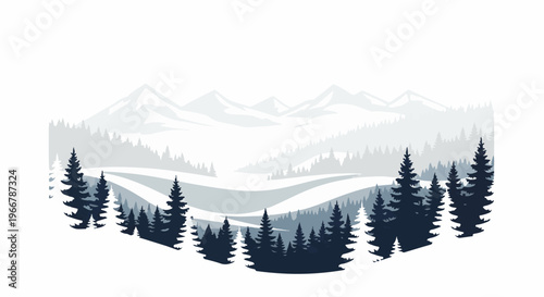 Stylized minimalist landscape with dark blue pine trees and misty grey mountains