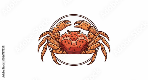 A detailed illustration of an orange crab with spots, framed by two circles