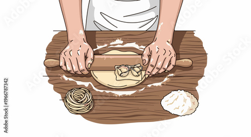 Hands prepare pasta dough on wooden surface with rolling pin and flour