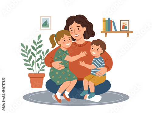 Warm family moment: Loving mother embracing her two happy children, a daughter and a son, in a cozy home setting, illustrating parental care and togetherness.