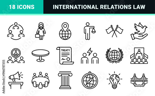 Diplomacy and Global Governance minimalist Monoline Icons for International Relations, Peace Treaties, and Legal Justice Systems.