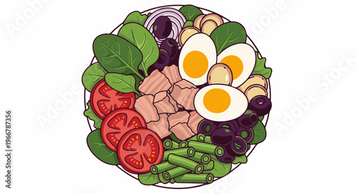 A colorful, pixelated illustration of a salad with tuna, eggs, and vegetables