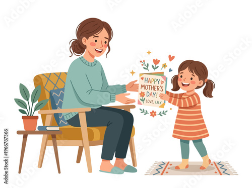 Joyful child gives a handmade Mother's Day card to her smiling mom sitting in a cozy armchair at home, vector illustration.