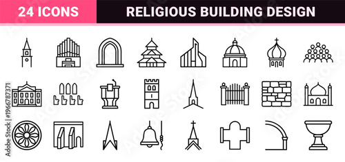 Church Architecture and Religious Building Line Icons Featuring Minimalist Monoline Geometric Outlines for Sacred Landmarks