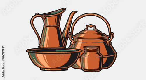 A collection of copper kitchenware with a pitcher, pot, jar, and bowl