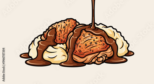 Illustration of mashed potatoes topped with golden fried food and drizzled with chocolate sauce