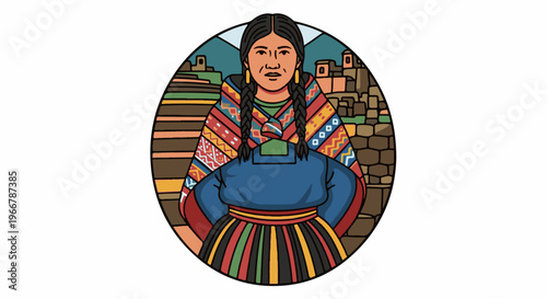 Indigenous woman in traditional attire stands before ancient stone ruins and terraced hills