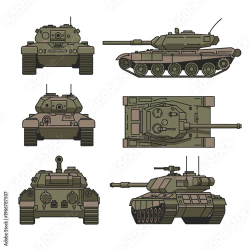 Military Tanks Collection: Front, Side, Top Views - Vector Illustration