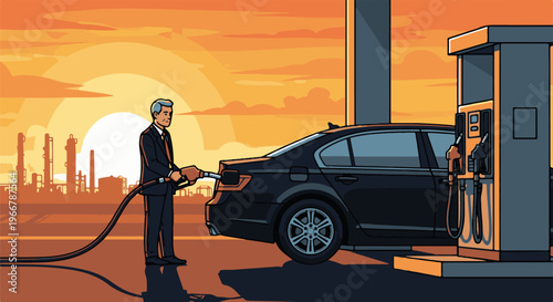 Pixel art scene of a businessman fueling a car at sunset, refinery in background