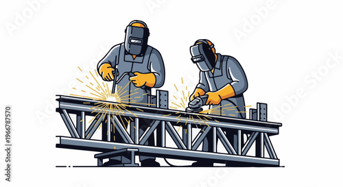 Two workers in protective gear weld and grind metal structures on white background