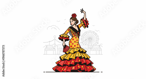 Vibrant flamenco dancer in polka-dot dress at a festival with Ferris wheel
