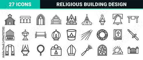 Christian Religious Architecture and Church Building Outline Symbols, Minimalist Monoline Geometric Faith and Liturgical Line Art