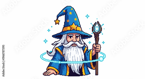 Pixel art wizard with starry hat holds glowing staff, surrounded by magic