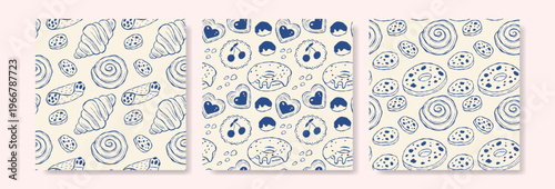 Blue hand drawn bakery sweets patterns on cream background