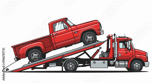 Red tow truck hauling a red pickup truck on its flatbed