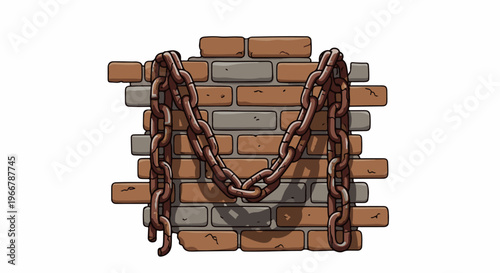 Rusty chains draped over a rough brick wall casting shadows