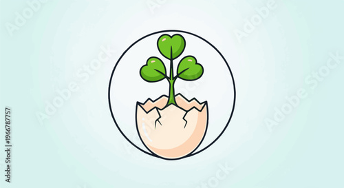 Seedling emerging from a cracked eggshell within a circle