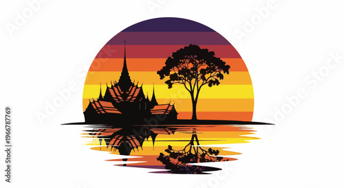 Silhouetted temple and tree reflected in water at sunset