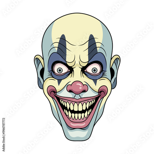 Scary Clown Face Portrait, Horror Character with Grinning Smile and Wild Eyes