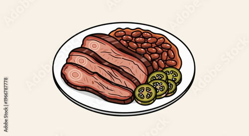 Sliced smoked meat with beans and jalapeño slices on a plate