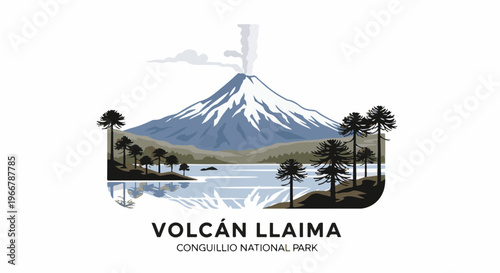 Snow-capped volcano erupts with smoke, reflecting on tranquil lake amidst trees
