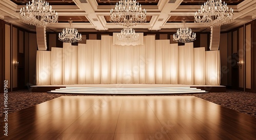 Elegant ballroom stage with draped backdrop and crystal chandeliers ready for a grand event celebration wedding or conference