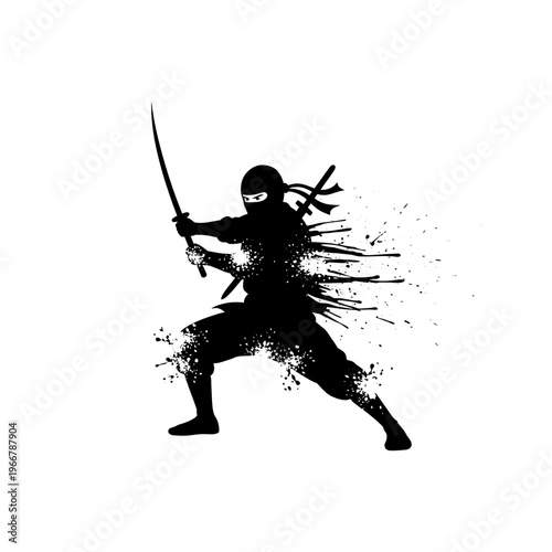 Silhouette Ninja Warrior with Swords, Dynamic Splash Effect, White Background