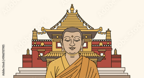 Stylized monk in orange robes before a grand, multi-tiered Buddhist temple