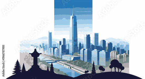 Stylized modern city skyline with towering skyscrapers and a river
