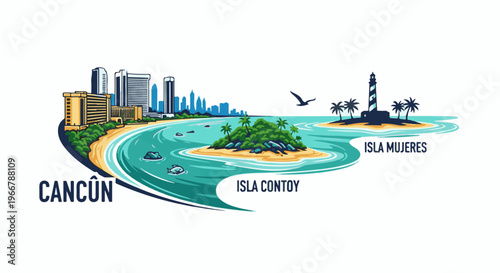 Tropical coastline scene with city skyline, islands, and lighthouse