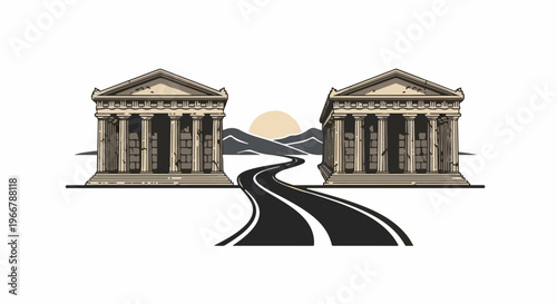 Two ancient structures frame a winding road leading toward a sunset over mountains