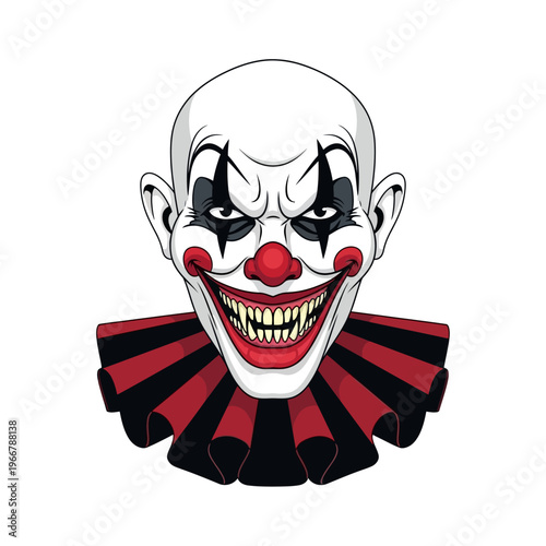 Scary Clown Face with Big Grin and Red Collar, Horror Character Illustration