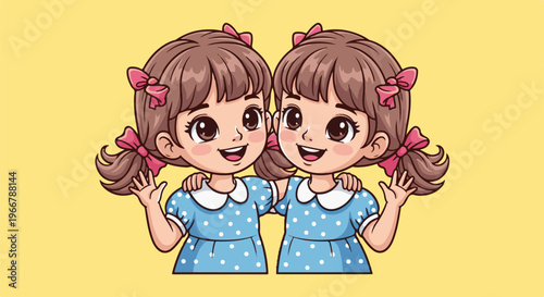 Two cartoon girls with brown pigtails, pink bows, and blue polka dot dresses