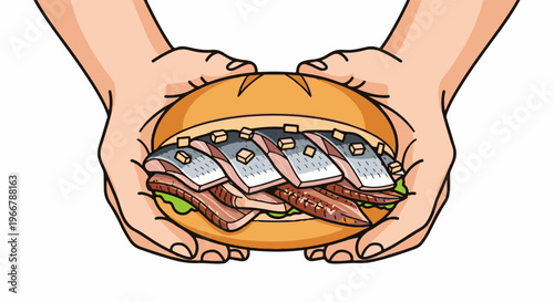 Two hands hold a generously filled open-faced sandwich with fish and greens