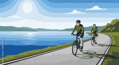 Two cyclists ride on a paved path beside a lake under a bright sun