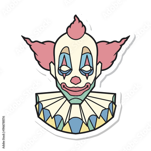 Creepy Clown Face with Pink Hair and Ruffled Collar Sticker