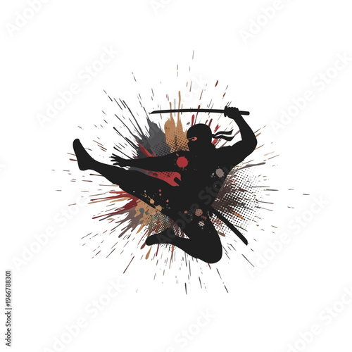 Dynamic Ninja Silhouette Mid-Air Kick with Sword and Splatter Effect